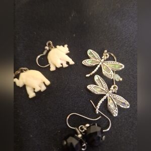 Dragonfly,Elephant Earrings & Black Crystals 3 Pair Earings